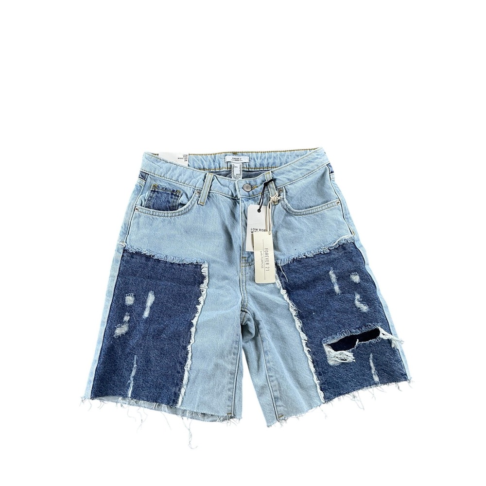 Forever 21 Premium Low Rise Wide Leg Patchwork Distressed Denim Shorts Size 24